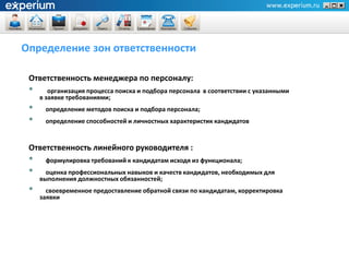 Определение зон ответственности

 Ответственность менеджера по персоналу:
 •      организация процесса поиска и подбора персонала в соответствии с указанными
     в заявке требованиями;
 •    определение методов поиска и подбора персонала;
 •    определение способностей и личностных характеристик кандидатов


 Ответственность линейного руководителя :
 •    формулировка требований к кандидатам исходя из функционала;
 •     оценка профессиональных навыков и качеств кандидатов, необходимых для
     выполнения должностных обязанностей;
 •     своевременное предоставление обратной связи по кандидатам, корректировка
     заявки
 