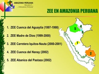 Z
E
E
AMAZONIA PERUANA
Base para el ...
... Ordenamiento Territorial
ZEE EN AMAZONIA PERUANA
1. ZEE Cuenca del Aguaytía (1997-1998)
13. ZEE Carretera Iquitos-Nauta (2000-2001)
3
5. ZEE Abanico del Pastaza (2002)
5
4. ZEE Cuenca del Nanay (2002)
4
2. ZEE Madre de Dios (1999-2000)
2
 
