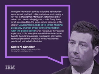 ScottN.Schober
Intelligentinformationleadstoactionableitemsforlaw
enforcement,andbothpublicandprivatesectorsplaya
keyroleinsharingthatinformation.Ioftenlikencyber
crimedatacluestoalargejigsawpuzzle.Everytimea
smallpieceisadded,thelargerpicturebecomesalittle
clearer.Governmentneedstoﬁllinthemissing
piecesbysharingcyber-crimeinformation
withtwiththepublicsectorwhenrelevant,ortheycannot
expectthepublictoreciprocateandshareinformation
backtothem.Sharingentailsinvestigationinformation,
technicalprevention,protectivemeasuresandbest
practicesforallindividualsatrisk.
CybersecurityexpertandpresidentandCEO,
BerkeleyVaritronicsSystems,Inc.
 