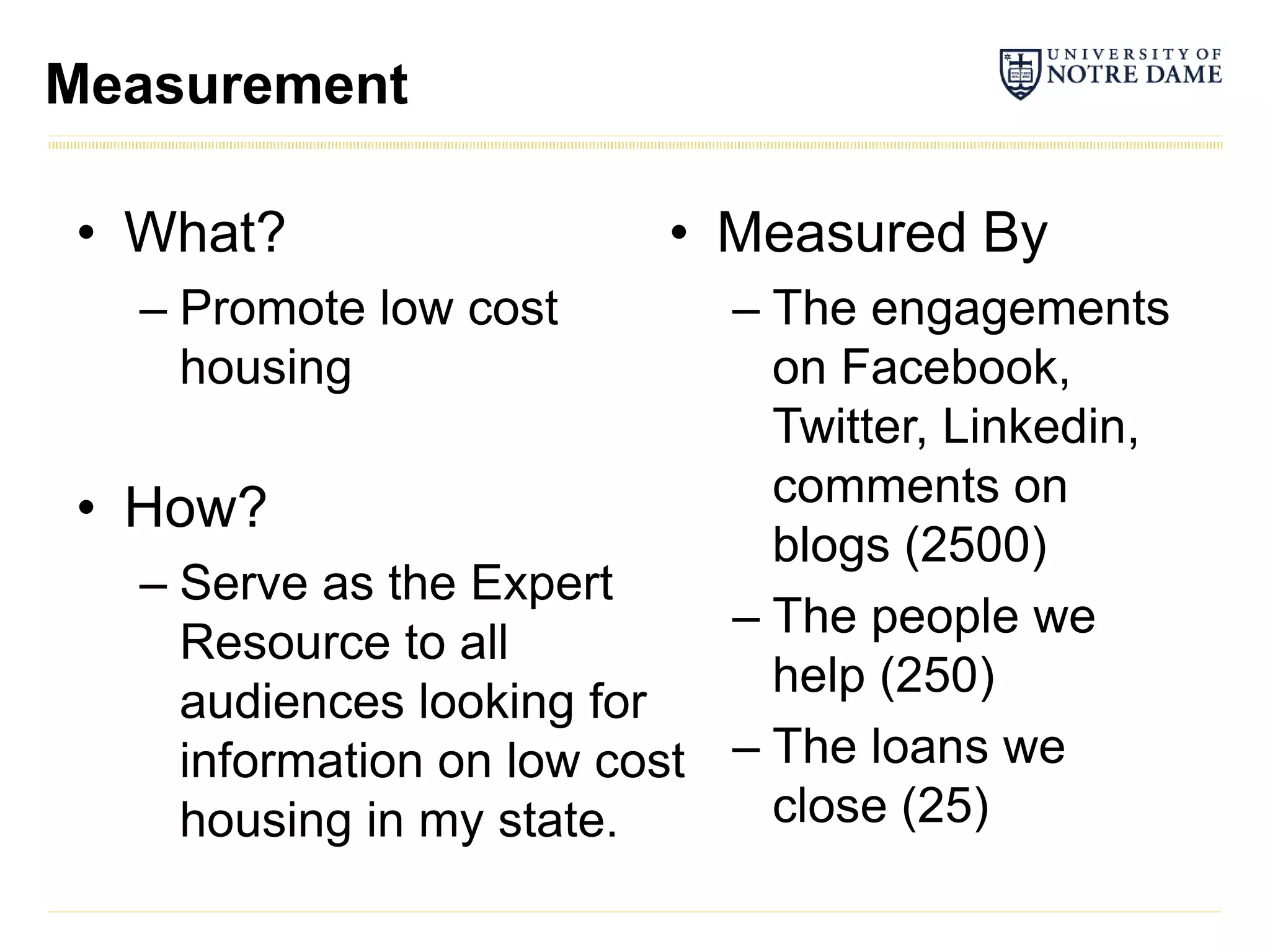 Measurement

• What?                   • Measured By
  – Promote low cost        – The engagements
    housing                   on Facebook,
                              Twitter, Linkedin,
• How?                        comments on
                              blogs (2500)
  – Serve as the Expert
                            – The people we
    Resource to all
                              help (250)
    audiences looking for
    information on low cost – The loans we
    housing in my state.      close (25)
 