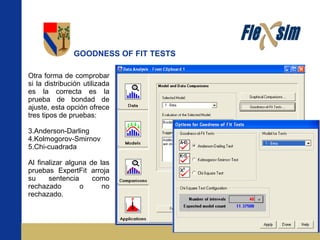 GOODNESS OF FIT TESTS Otra forma de comprobar si la distribución utilizada es la correcta es la prueba de bondad de ajuste, esta opción ofrece tres tipos de pruebas: Anderson-Darling Kolmogorov-Smirnov Chi-cuadrada Al finalizar alguna de las pruebas ExpertFit arroja su sentencia como rechazado o no rechazado. 