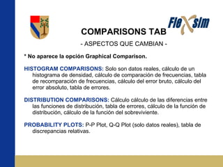 COMPARISONS TAB - ASPECTOS QUE CAMBIAN - * No aparece la opción Graphical Comparison. HISTOGRAM COMPARISONS:  Solo son datos reales, cálculo de un histograma de densidad, cálculo de comparación de frecuencias, tabla de recomparación de frecuencias, cálculo del error bruto, cálculo del error absoluto, tabla de errores. DISTRIBUTION COMPARISONS:  Cálculo  cálculo de las diferencias entre las funciones de distribución, tabla de errores, cálculo de la función de distribución, cálculo de la función del sobreviviente. PROBABILITY PLOTS:  P-P Plot, Q-Q Plot (solo datos reales), tabla de discrepancias relativas. 