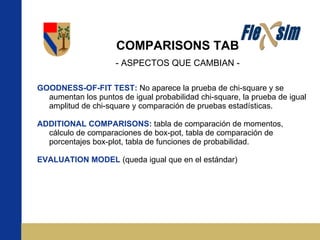 COMPARISONS TAB - ASPECTOS QUE CAMBIAN - GOODNESS-OF-FIT TEST:  No aparece la prueba de chi-square y se aumentan los puntos de igual probabilidad chi-square, la prueba de igual amplitud de chi-square y comparación de pruebas estadísticas. ADDITIONAL COMPARISONS:  tabla de comparación de momentos, cálculo de comparaciones de box-pot, tabla de comparación de porcentajes box-plot, tabla de funciones de probabilidad. EVALUATION MODEL  (queda igual que en el estándar) 