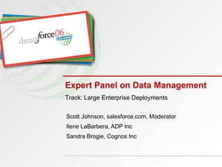 Expert Panel on Data Management Scott Johnson, salesforce.com, Moderator Ilene LaBarbera, ADP Inc Sandra Brogie, Cognos Inc Track: Large Enterprise Deployments 