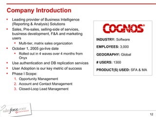 Company Introduction Leading provider of Business Intelligence (Reporting & Analysis) Solutions Sales, Pre-sales, selling-side of services, business development, F&A and marketing users Multi-tier, matrix sales organization October 1, 2005 go-live date Rolled out in 4 waves over 4 months from Onyx Use authentication and DB replication services User Adoption is our key metric of success Phase I Scope: Opportunity Management Account and Contact Management Closed-Loop Lead Management INDUSTRY:  Software EMPLOYEES:  3,000 GEOGRAPHY:  Global PRODUCT(S) USED:  SFA & MA # USERS:  1300 