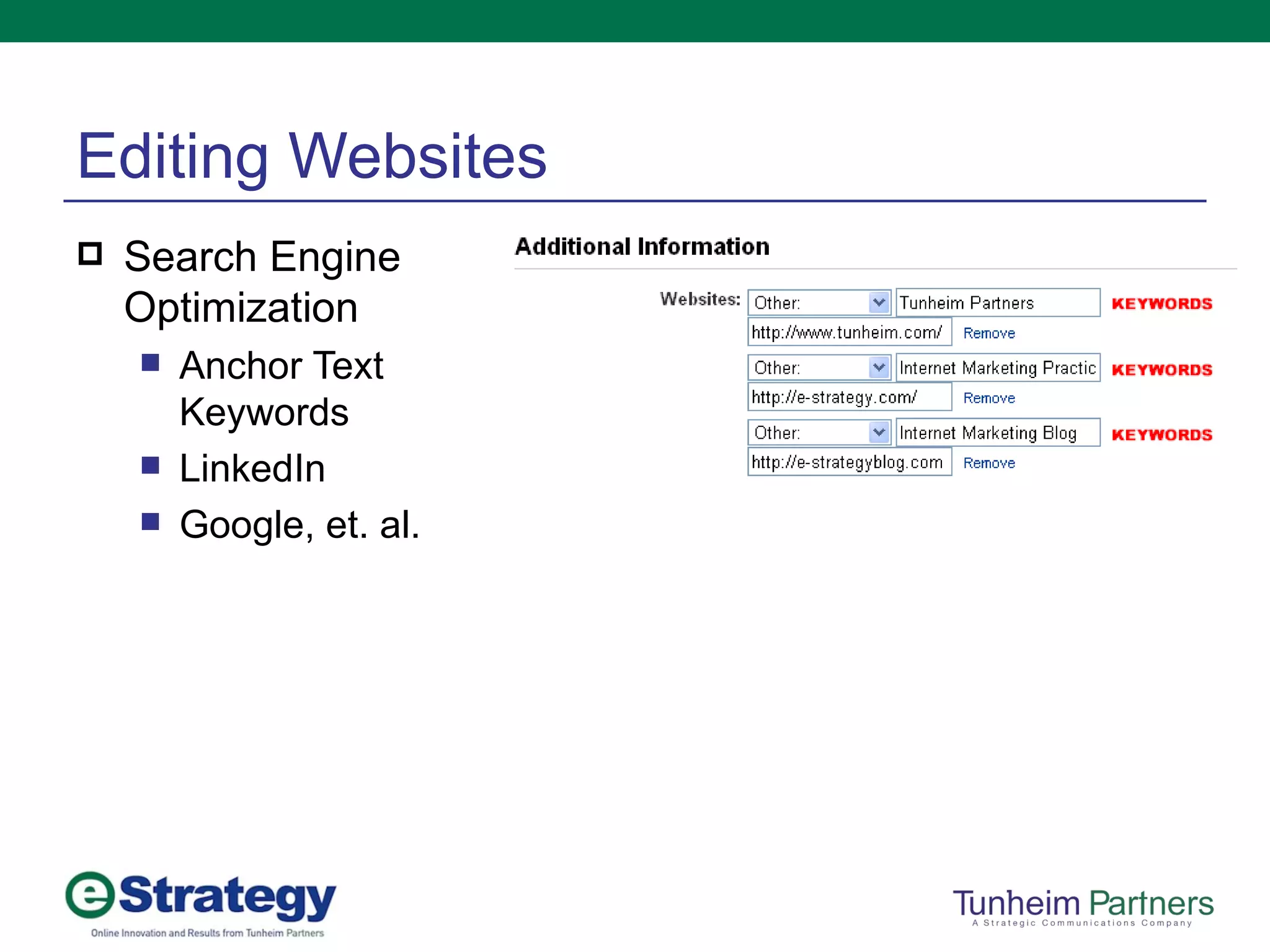 Editing Websites Search Engine Optimization Anchor Text Keywords LinkedIn Google, et. al. 