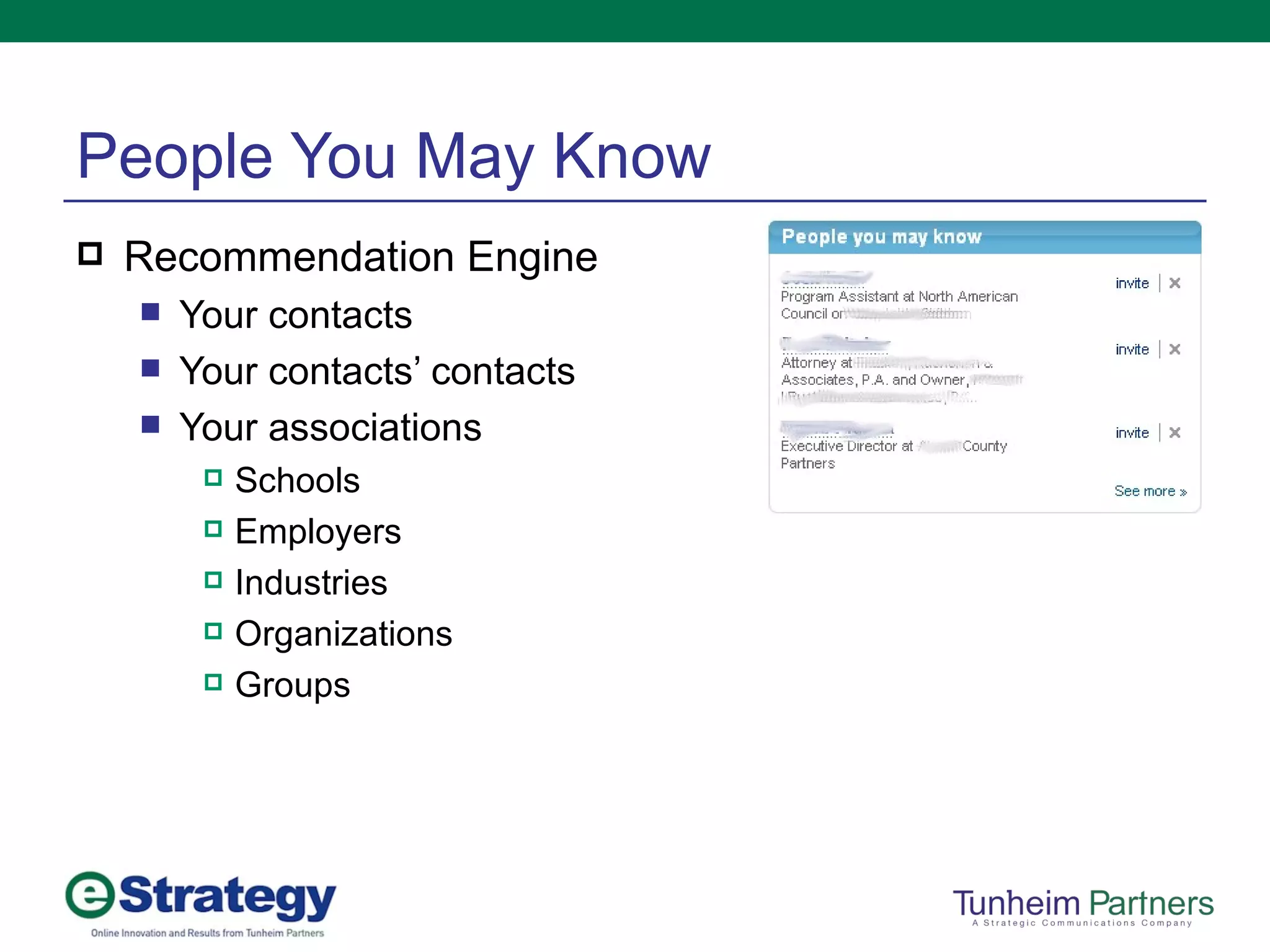 People You May Know Recommendation Engine Your contacts Your contacts’ contacts Your associations Schools Employers Industries Organizations Groups 