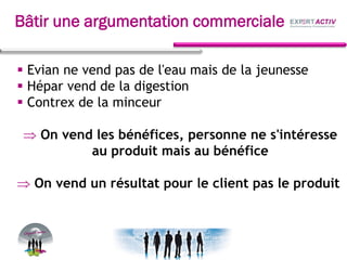  Evian ne vend pas de l'eau mais de la jeunesse
Hépar vend de la digestion
Contrex de la minceur
On vend les bénéfices, personne ne s'intéresse
au produit mais au bénéfice
On vend un résultat pour le client pas le produit
Bâtir une argumentation commerciale