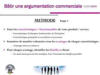 METHODE Etape 1
Lister les caractéristiques / fonctionnalités de votre produit / service.
- Caractéristiques Techniques, Commerciales, de l’Entreprise
- Caractéristiques principales et secondaires ou accessoires
Enumérer de manière exhaustive tous les avantages de chaque caractéristique.
- Avantages directs et indirects
Pour chaque avantage, identifier les bénéfices clients
- Les motivations pouvant être multiples, lister l’ensemble des bénéfices possibles
Bâtir une argumentation commerciale