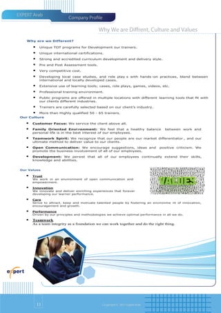 EXPERT Arab
                             Company Pro le

                                              Why We are Di rent, Culture and Values
    Why are we Different?

            Unique TOT programs for Development our trainers.

            Unique international certifications.

            Strong and accredited curriculum development and delivery style.

            Pre and Post Assessment tools.

            Very competitive cost.

            Developing local case studies, and role play s with hands -on practices, blend between
             international and locally developed cases.

            Extensive use of learning tools; cases, role plays, games, videos, etc.

            Professional training environment.

            Public programs are offered in multiple locations with different learning tools that ﬁt with
             our clients different industries.

            Trainers are carefully selected based on our client’s industry.

            More than Highly qualified 50 - 65 trainers.
 Our Culture

       Customer Focus: We service the client above all.

       Family Oriented Envi ronment: We feel that a healthy balance                        between work and
        personal life is in the best interest of our employees.

       Teamwork Spirit: We recognize that our people are our market differentiator , and our
        ultimate method to deliver value to our clients.

       Open Comm unication: We encourage suggestions, ideas and                         positive criticism. We
        promote the business involvement of all of our employees.

       Development: We persist that all of our employees                       continually extend their skills,
        knowledge and abilities.


 Our Values

       Trust
        We work in an environment of open communication and
        empowerment.

       Innovation
        We innovate and deliver enriching experiences that forever
        developing our learner performance.

       Care
        Strive to attract, keep and motivate talented people by fostering an environme nt of innovation,
        encouragement and growth.

       Performance
        Driven by our principles and methodologies we achieve optimal performance in all we do.

     Teamwork
        As a team integrity as a foundation we can work together and do the right thing.




            11                                  Co pyright © 2011 Expert Arab
 