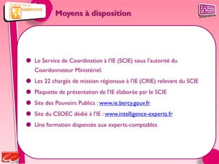 Moyens à disposition




 Le Service de Coordination à l’IE (SCIE) sous l’autorité du
   Coordonnateur Ministériel.
 Les 22 chargés de mission régionaux à l’IE (CRIE) relevant du SCIE
 Plaquette de présentation de l’IE élaborée par le SCIE
 Site des Pouvoirs Publics : www.ie.bercy.gouv.fr
 Site du CSOEC dédié à l’IE : www.intelligence-experts.fr
 Une formation dispensée aux experts-comptables
 