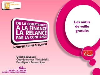 Les outils
                              de veille
                               gratuits




Cyril Bouyeure
Coordonnateur Ministériel à
l'Intelligence Economique
 