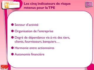 Les cinq indicateurs de risque
         retenus pour la TPE




 Secteur d’activité
 Organisation de l’entreprise
 Degré de dépendance vis-à-vis des tiers,
  clients, fournisseurs, banquiers…
 Harmonie entre actionnaires
 Autonomie financière
 
