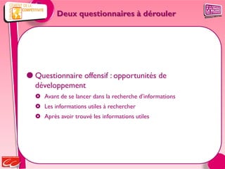 Deux questionnaires à dérouler




 Questionnaire offensif : opportunités de
  développement
   Avant de se lancer dans la recherche d’informations
   Les informations utiles à rechercher
   Après avoir trouvé les informations utiles
 