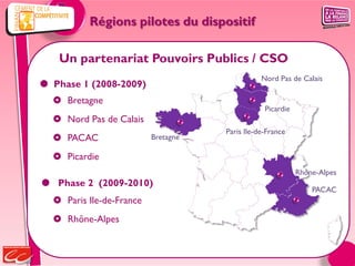 Régions pilotes du dispositif

   Un partenariat Pouvoirs Publics / CSO
                                                Nord Pas de Calais
 Phase 1 (2008-2009)
   Bretagne
                                                 Picardie
   Nord Pas de Calais
                                     Paris Ile-de-France
   PACAC                 Bretagne

   Picardie
                                                            Rhône-Alpes
 Phase 2 (2009-2010)
                                                                PACAC
   Paris Ile-de-France
   Rhône-Alpes
 