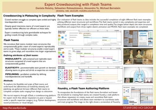 Expert Crowdsourcing with Flash Teams
Daniela Retelny, Sébastien Robaszkiewicz, Alexandra To, Michael Bernstein
{dretelny, robi, ato1120, msb}@cs.stanford.edu

Crowdsourcing is Plateauing in Complexity Flash Team Examples
Crowd workers struggle to complete open ended and highly Our evaluation of ﬂash teams to date includes the successful completion of eight different ﬂash team examples,
utilizing different team structures and workﬂows. The ﬂash teams varied in size, complexity and expertise and
interdependent tasks.
they produced outputs that ranged in completion time and quality. The images below depict the team structures,
Despite good intentions, teams of crowd experts are
workﬂows and output from three napkin sketch, animation and MOOC ﬂash team examples we completed.
typically neither effective nor efﬁcient at these tasks.
Expert crowdsourcing lacks generalizable techniques for
guiding crowds through complex tasks.

Flash Teams
We introduce ﬂash teams, modular team structures that
computationally guide a team of crowd experts reproducibly
and at scale. These modular structures enable crowd expert
teams to grow, adapt, and recombine into larger organizations.
Deﬁning attributes of ﬂash teams:
MODULARITY: self-contained and replicable team
structures composed of crowd experts that are
computationally guided.
ELASTICITY: parameterizable team growth on demand,
allowing teams to grow and shrink as expertise are needed.
PIPELINING: parallelism enabled by deﬁning
interdependencies and handoffs.
Methods:
To explore the feasibility and scope of ﬂash teams, and
understand the effectiveness of modularity, elasticity and
pipelining, we gathered thirteen different ﬂash teams to
complete complex tasks ranging from design to education.

Foundry, a Flash Team Authoring Platform

To encapsulate the foundations of the ﬂash teams formalism and lessen
We recruit experts through oDesk, a crowdsourcing platform the threshold to creating ﬂash teams, we created Foundry, a web platform
that allows requesters to create, reuse and recombine ﬂash team
for expert work that allows requesters to post a request
under a speciﬁc expertise category (e.g., Python development, structures and workﬂows and allows team members to coordinate tasks
and track progress. The image to the right shows a screenshot of Foundry.
sound production, or visual design).

http://hci.stanford.edu

STANFORD HCI GROUP

 