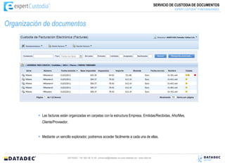 SERVICIO DE CUSTODIA DE DOCUMENTOS
                                                                                                                                    :®
                                                                                                                       EXPERT CUSTODIA FUNCIONALIDADES




Organización de documentos




           Las facturas están organizadas en carpetas con la estructura Empresa, Emitidas/Recibidas, Año/Mes,
            Cliente/Proveedor.


           Mediante un sencillo explorador, podremos acceder fácilmente a cada una de ellas.




                              DATADEC Tél: 902 48 10 48 comercial@datadec.es www.datadec.es / www.ddol.es
 