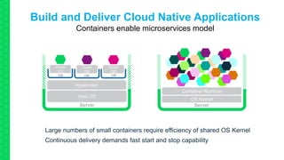 Large numbers of small containers require efficiency of shared OS Kernel
Continuous delivery demands fast start and stop capability
Host OS
Hypervisor
Guest
OS
Guest
OS
Guest
OS
Server
VM VM VM
OS Kernel
Server
Container Runtime
Containers enable microservices model
Build and Deliver Cloud Native Applications
 