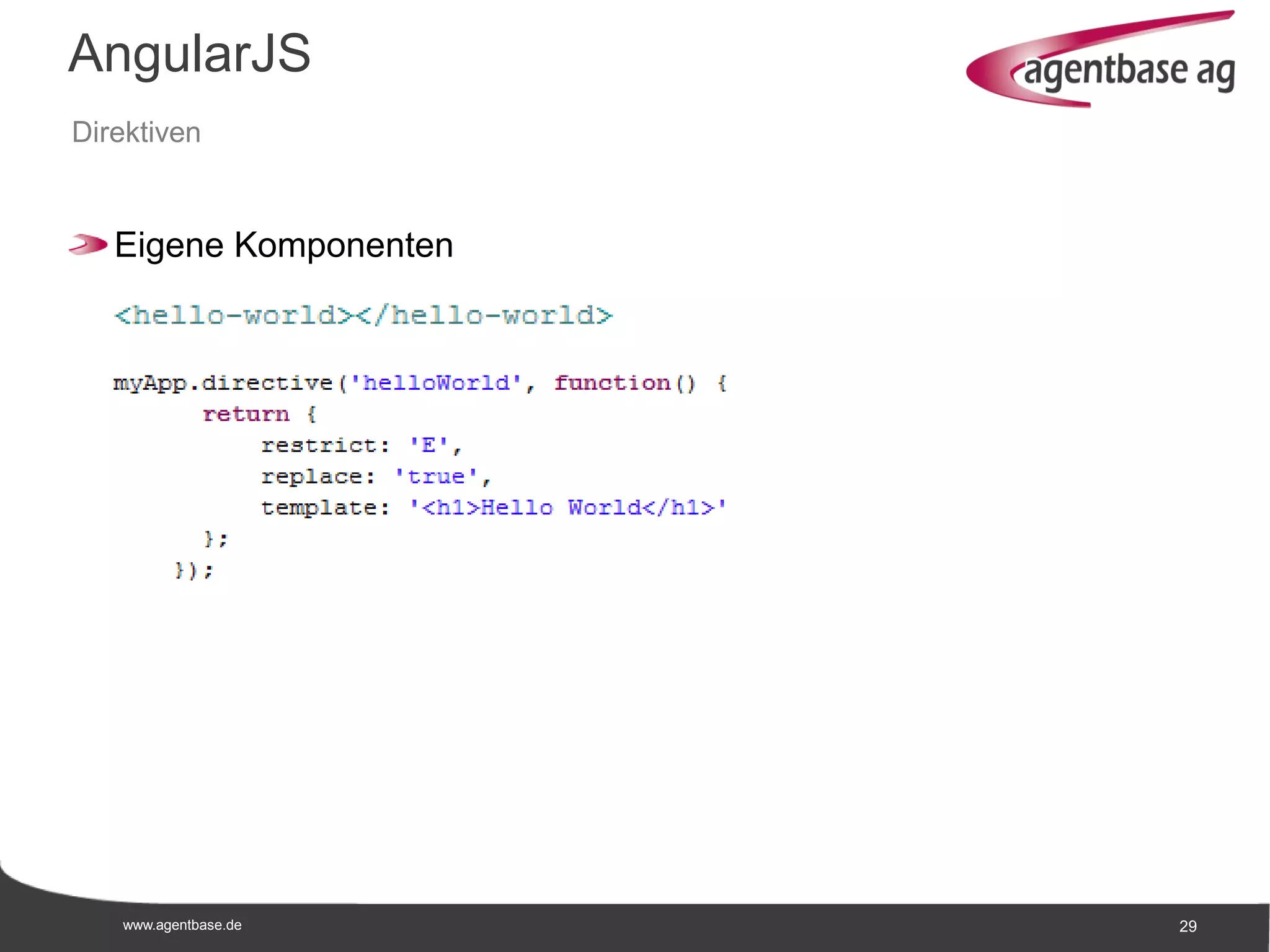 www.agentbase.de 29
AngularJS
Direktiven
Eigene Komponenten
 