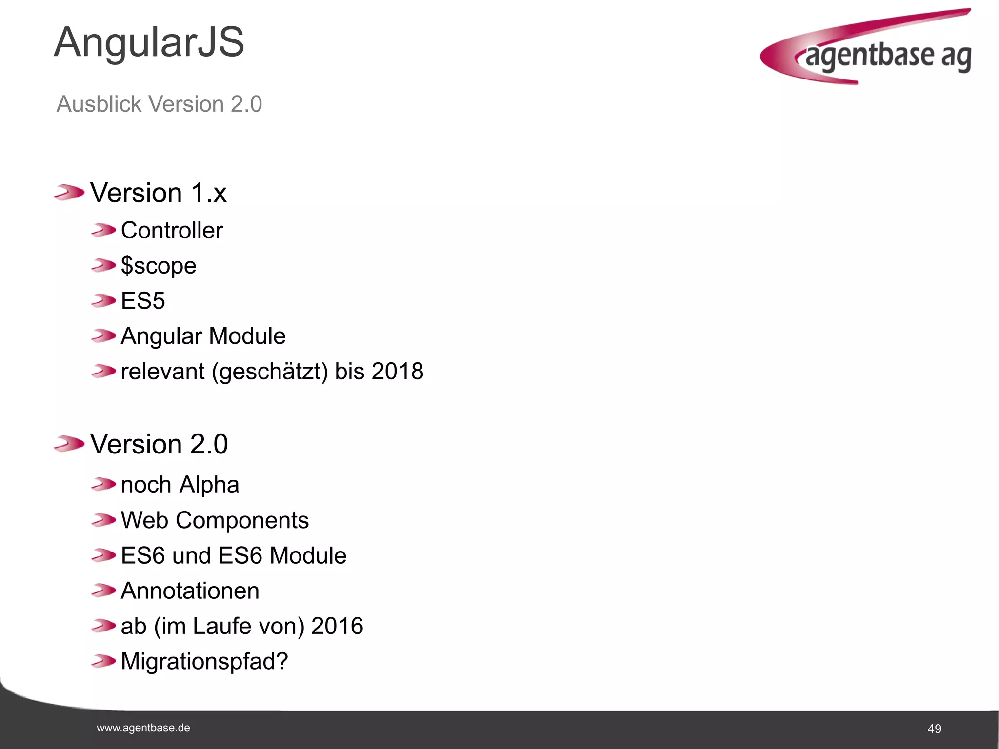 www.agentbase.de 49
AngularJS
Ausblick Version 2.0
Version 1.x
Controller
$scope
ES5
Angular Module
relevant (geschätzt) bis 2018
Version 2.0
noch Alpha
Web Components
ES6 und ES6 Module
Annotationen
ab (im Laufe von) 2016
Migrationspfad?
 