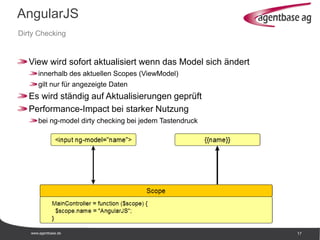 www.agentbase.de 17
AngularJS
Dirty Checking
View wird sofort aktualisiert wenn das Model sich ändert
innerhalb des aktuellen Scopes (ViewModel)
gilt nur für angezeigte Daten
Es wird ständig auf Aktualisierungen geprüft
Performance-Impact bei starker Nutzung
bei ng-model dirty checking bei jedem Tastendruck
 