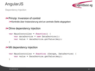 www.agentbase.de 23
AngularJS
Dependency Injection
Prinzip: Inversion of control
Kontrolle über Instanziierung wird an zentrale Stelle abgegeben
Ohne dependency injection
Mit dependency injection
 