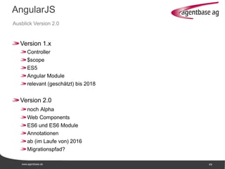 www.agentbase.de 49
AngularJS
Ausblick Version 2.0
Version 1.x
Controller
$scope
ES5
Angular Module
relevant (geschätzt) bis 2018
Version 2.0
noch Alpha
Web Components
ES6 und ES6 Module
Annotationen
ab (im Laufe von) 2016
Migrationspfad?
 