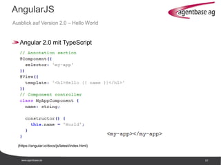 www.agentbase.de 51
AngularJS
Ausblick auf Version 2.0 – Hello World
Angular 2.0 mit TypeScript
(https://angular.io/docs/js/latest/index.html)
 