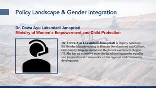 Policy Landscape & Gender Integration
Dr. Dewa Ayu Laksmiadi Janapriati is Deputy Assistant
for Gender Mainstreaming in Human Development and Culture,
Community Empowerment and Regional Government Region
III. She has an extensive expertise in advancing gender equality
and intersectional frameworks within regional and community
development.
Dr. Dewa Ayu Laksmiadi Janapriati
Ministry of Women’s Empowerment and Child Protection
 