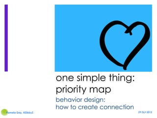 one simple thing:
                      priority map
                      behavior design:
                      how to create connection
Pamela Day, @ZibbyZ                              29 Oct 2012
 