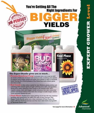 You’re Getting All The
                                        Right Ingredients For



                                                    YIELDS




The Expert Bundle gives you so much…
• Piranha Beneficial Fungi increases your root mass as well
 as create a thick mat of lateral and vertical roots, enabling your plants
 to support your larger yields and allow your plants to take in nutrients
 faster during the critical phases of the flowering cycle where gains
 are won or lost.
• Bud Candy is like cotton candy for your flowers, gooey, sticky and
 radiating with colorful glints of light catching your eyes, and sparkles
 flying off in every direction. Bud Candy is the world’s only 100%
 organic aroma, taste and bigger yields enhancer that also cures your
 plants’ mid-bloom stall so they have the energy to make larger, tastier
 more aromatic flowers for you.
• Final Phase flushes your crops getting rid of any left over residual
 fertilizer that sometimes can affect the taste of your harvest. This
 Bigger Yields Bundle gives you a free container of Final Phase, the
 super-efficient flushing formula and that won’t slow down bud growth
 or decrease flower size!


                                                                   Turn page for more information è
 