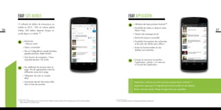 EBAY site mobile

EBAY application

13 milliards de dollars de transactions sur

36

•	Utilisation

mobile en 2012 : 20% du volume global

des bests practices Android (1)

•	Possibilité

d’eBay. 500 dollars dépensé chaque seconde depuis un mobile. (1)

de mettre un objet en vente
depuis l’app.

•	Gestion

des messages privés

•	Recherche
•	Recherche

:
	 - Mise en avant

•	Possibilité

•	Sobre,

toujours accessible

•	Toutes

minimaliste

•	Info

sur l’intégralité du compte (enchères
gagnées/perdues, objets vendus).

•	Gros

bouton de navigation / Zone
cliquable étendue. Clic facile.

•	Pas

réellement de structure dans la
page. Pas de segmentation entre les
différentes zones de la page.

•	Obligation

eBay.

d’enregistrer des recherches
et de créer des alertes pour celles-ci
les fonctionnalités du site
desktop sont présentes.

•	Lorsque

la connexion est perdue,
l’application « plante », on retourne
à l’accueil de l’application.

de créer un compte

•	Importante

densité informationnelle
dans la liste des produits.

Application conforme aux best practices ergonomiques Android. (1)
Application regroupant l’intégralité des fonctionnalités du site desktop.
Bouton d’accès rapide. Design et ergonomie peu agréables.

1 - http://www.webmarketing-com.com/2013/03/25/19980-m-commerce-bilan-2012-et-ambitions-pour-2013-interview-dolivierropars-directeur-m-commerce-ebay

1 - http://developer.android.com/design/get-started/principles.html

37

 