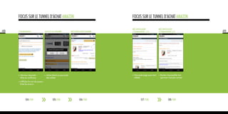 FOCUS SUR LE TUNNEL D’ACHAT AMAZON
48

FOCUS SUR LE TUNNEL D’ACHAT AMAZON

CONNEXION

Récapitulatif
commande 1/2

Récapitulatif
commande 2/2

•	Une

•	Bouton

•

«Serveur sécurisé» :
Mise en confiance

AJOUT AU PANIER

Récapitulatif panier

seule page pour tout
valider

•	Achat

direct ou poursuite
des achats

inaccessible tant
que tout n’est pas correct

• «Afficher

le mot de passe»:
Evite les erreurs

04/08

05/08

06/08

07/08

08/08

49

 