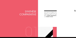 SYNTHèse
comparative

53
Après analyse de ces différents sites et
applications, il est possible de faire une
synthèse globale basée sur les critères
définis de Design, Ergonomie et
sur le Tunnel d’achat.

01

 