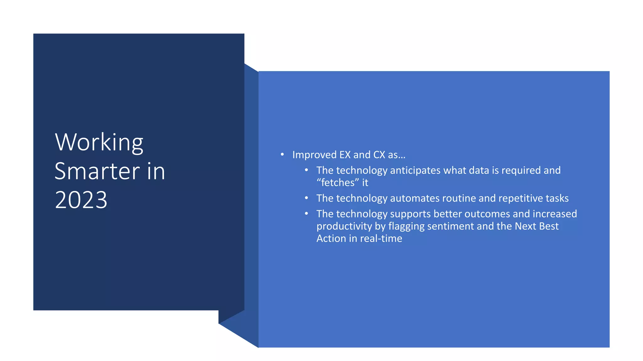 Working
Smarter in
2023
• Improved EX and CX as…
• The technology anticipates what data is required and
“fetches” it
• The technology automates routine and repetitive tasks
• The technology supports better outcomes and increased
productivity by flagging sentiment and the Next Best
Action in real-time
 