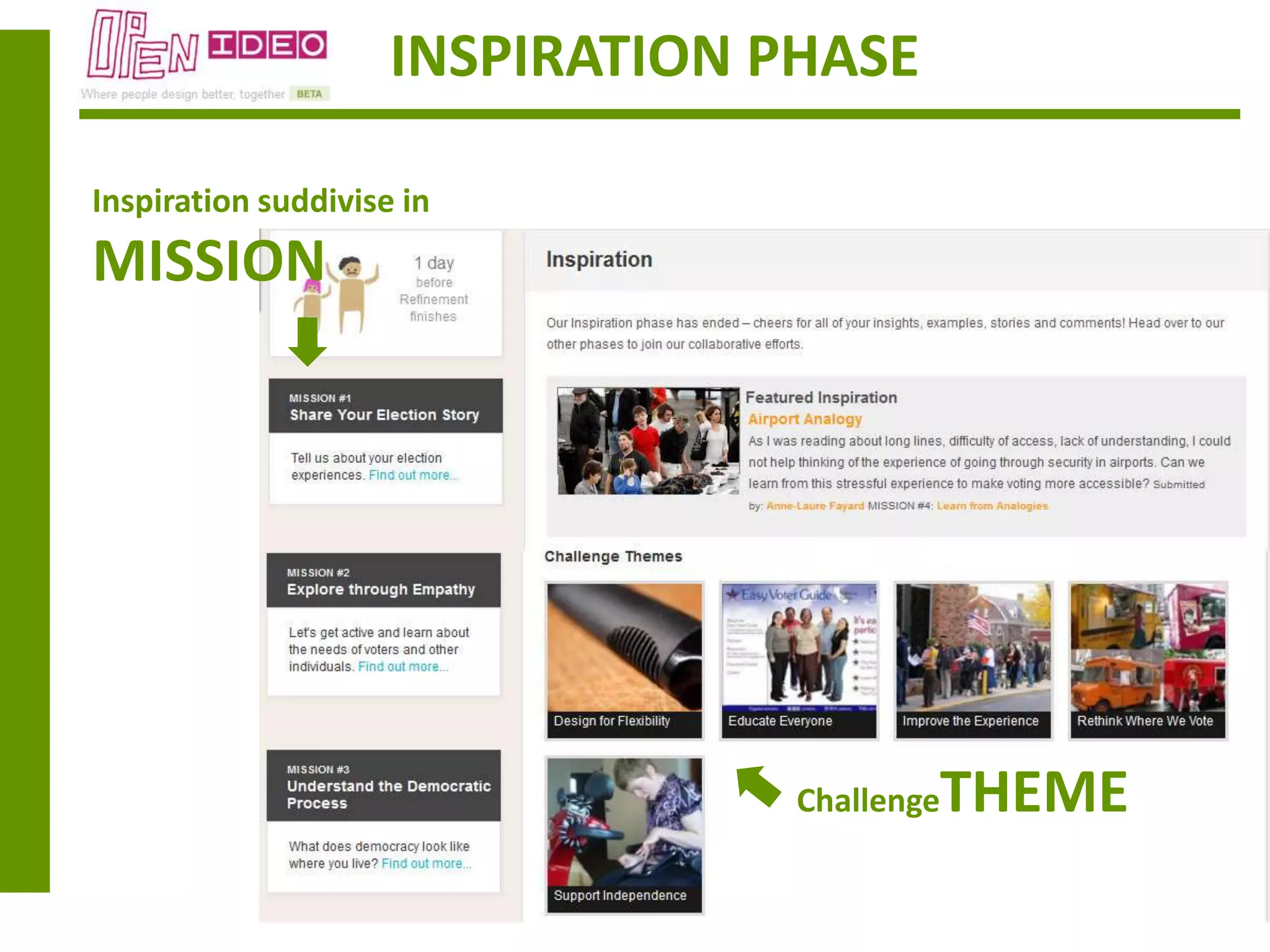 INSPIRATION PHASE

Inspiration suddivise in
MISSION




                                          THEME
                                  Challenge
 