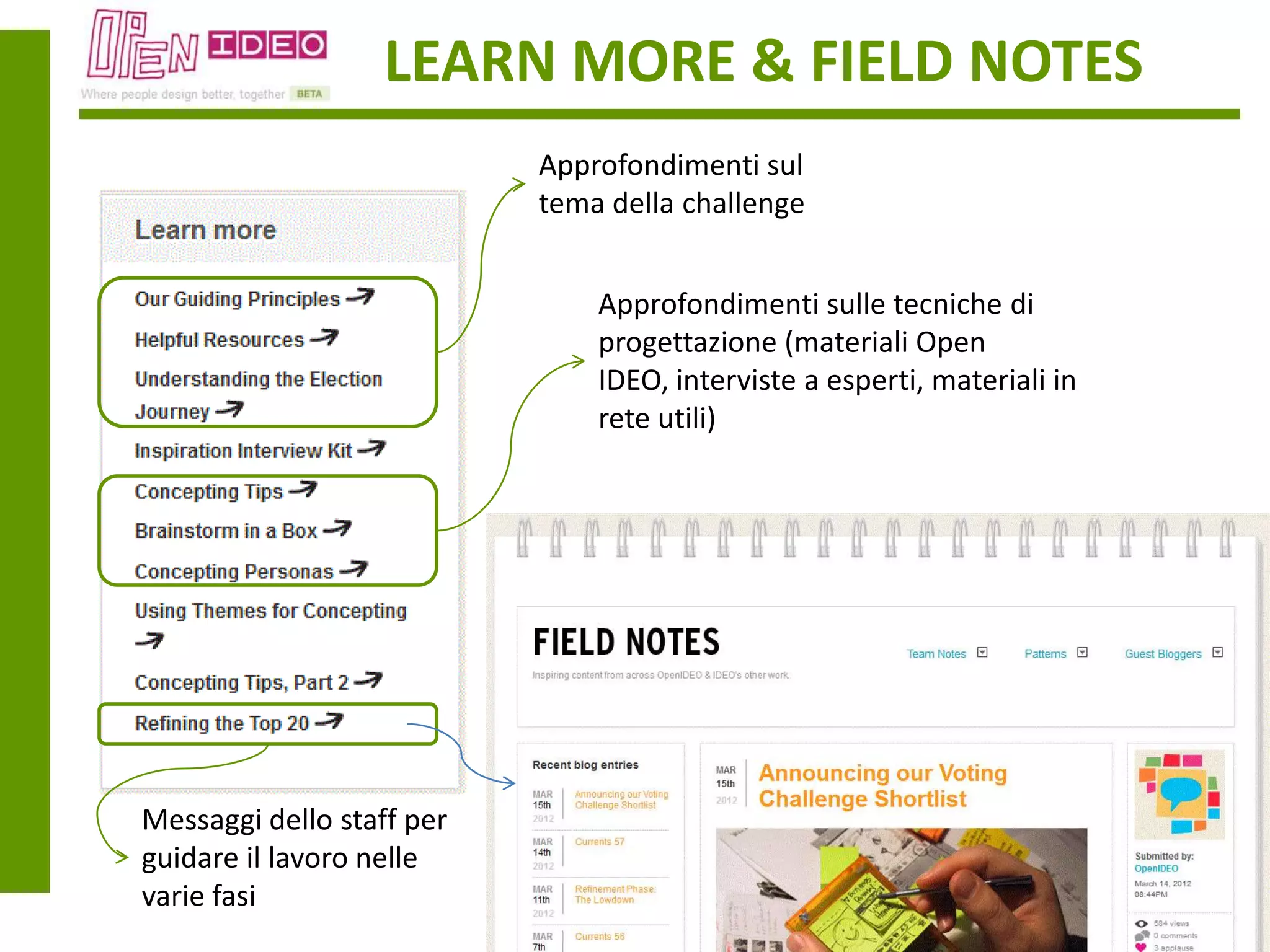 LEARN MORE & FIELD NOTES
                           Approfondimenti sul
                           tema della challenge


                               Approfondimenti sulle tecniche di
                               progettazione (materiali Open
                               IDEO, interviste a esperti, materiali in
                               rete utili)




Messaggi dello staff per
guidare il lavoro nelle
varie fasi
 