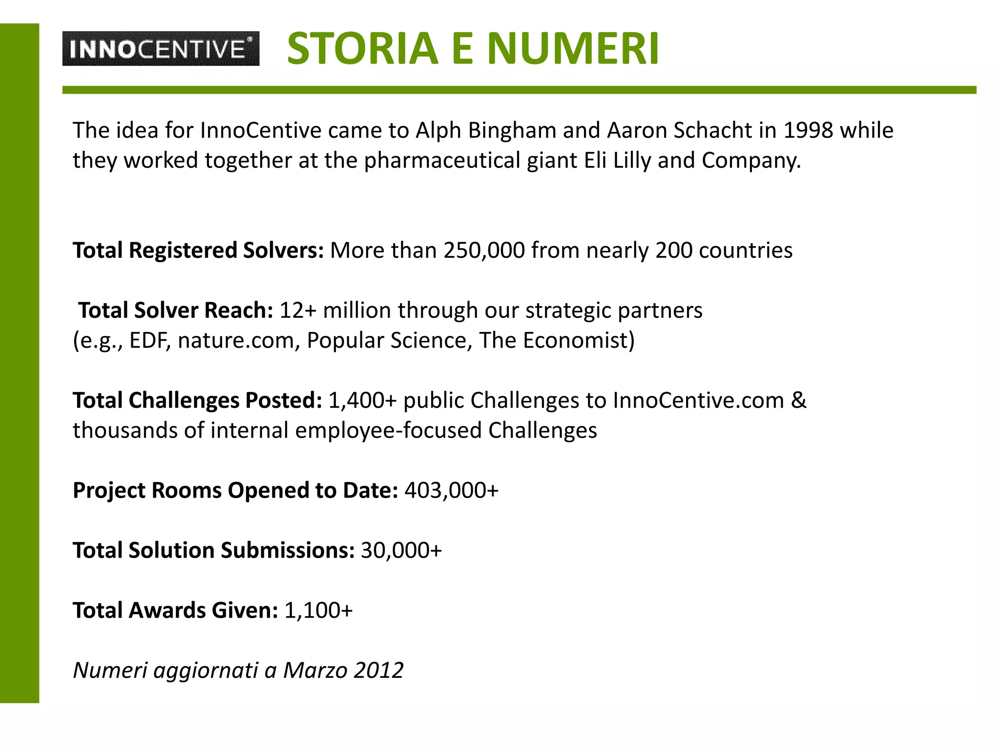 STORIA E NUMERI
The idea for InnoCentive came to Alph Bingham and Aaron Schacht in 1998 while
they worked together at the pharmaceutical giant Eli Lilly and Company.


Total Registered Solvers: More than 250,000 from nearly 200 countries

 Total Solver Reach: 12+ million through our strategic partners
(e.g., EDF, nature.com, Popular Science, The Economist)

Total Challenges Posted: 1,400+ public Challenges to InnoCentive.com &
thousands of internal employee-focused Challenges

Project Rooms Opened to Date: 403,000+

Total Solution Submissions: 30,000+

Total Awards Given: 1,100+

Numeri aggiornati a Marzo 2012
 