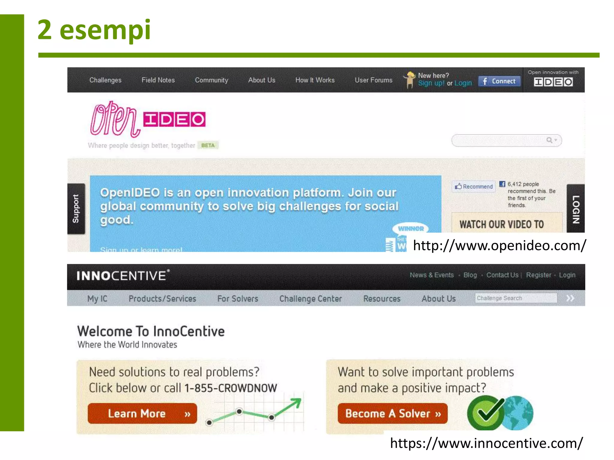 2 esempi




              http://www.openideo.com/




           https://www.innocentive.com/
 