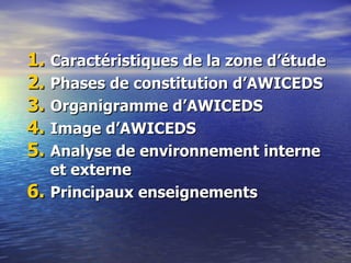 1. Caractéristiques de la zone d‘étude
2. Phases de constitution d‘AWICEDS
3. Organigramme d‘AWICEDS
4. Image d‘AWICEDS
5. Analyse de environnement interne
   et externe
6. Principaux enseignements
 