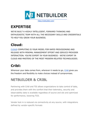 https://netbuilder.com/
EXPERTISE
WE'VE BUILT A HIGHLY INTELLIGENT, FORWARD THINKING AND
ENTHUSIASTIC TEAM WITH ALL THE NECESSARY SKILLS AND CREDENTIALS
TO HELP YOU GROW YOUR BUSINESS.
Cloud:
CLOUD COMPUTING IS YOUR MODEL FOR RAPID PROVISIONING AND
RELEASE WITH MINIMAL MANAGEMENT EFFORT AND SERVICE PROVIDER
INTERACTION. YOU'RE EXPERT IN YOUR BUSINESS - WE'RE EXPERT IN
CLOUD AND MASTERS OF THE MOST MODERN RELATED TECHNOLOGIES.
Cribl:
Wherever your data comes from, wherever it needs to go, Cribl gives you
the freedom and flexibility to make choices instead of compromises.
NETBUILDER & CRIBL
Partnering with Cribl and TSI allows organizations to take control of data,
and provides them with the comfort that their telemetry, security and
observability data is available regardless of source and silo and optimized
for performance, lowering TCO.
Vendor lock in is reduced via connectivity at any source, with integrations
defined by vendor-specific formats
 