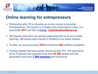 Online learning for entrepreneurs
 Partnership with ITC to develop an on-line course to sensitize
Entrepreneurs. The course is in Arabic and customized to Libya. It is
accessible 24/7 and free of charge. Libyantradeacademy.org
 12 Libyans institutions are already partnering with us to run in-class
trainings. 16 trainers were trained in October to run these classes.
 To date, we are accounting 1010 enrollments 250 certified completion.
 A press release has been jointly carried out with ITC. The sponsored
ad on Facebook has reached more than 54 500 people and has
generated more than 7 500 reactions and comments
12-Dec-2016 6
 
