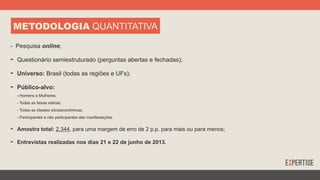 - Pesquisa online;
-  Questionário semiestruturado (perguntas abertas e fechadas);
-  Universo: Brasil (todas as regiões e UFs);
-  Público-alvo:
- Homens e Mulheres;
- Todas as faixas etárias;
- Todas as classes sócioeconômicas;
- Participantes e não participantes das manifestações.
-  Amostra total: 2.344, para uma margem de erro de 2 p.p. para mais ou para menos;
-  Entrevistas realizadas nos dias 21 e 22 de junho de 2013.
METODOLOGIA QUANTITATIVA
 
