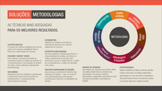 SOLUÇÕES METODOLOGIAS
AS TÉCNICAS MAIS ADEQUADAS
PARA OS MELHORES RESULTADOS.

                                                   ECONOMETRIA
                                                   Utilização de modelos econométricos,
CLUSTER ANALYSIS                                   relacionando demanda com variáveis
O conjunto de métodos estatísticos para formar     explicativas do consumo.
grupos com pequena variabilidade interna;
base para a segmentação de mercado.                ESTATÍSTICA MULTIVARIADA
                                                   Técnicas estatísticas voltadas para diminuir a
CONJOINT/ DISCRET CHOICE                           dimensionalidade da análise, permitindo um
Para entender o processo de escolha do             melhor entendimento do processo. São
consumidor através da análise dos atributos de     ferramentas comuns a análise fatorial, a análise
um produto/serviço e sua interação na decisão      de correspondências, a análise de regressão,
de compra. Ainda, avaliação da elasticidade        entre outras.
preço/demanda.                                                                                        INVASÃO DE CENÁRIOS                                 FOTOETNOGRAFIA
                                                   PROCESSO MARKOVIANO DE DECISÃO                     Informações com reduzidos preconceitos e filtros    Registro fotográfico de hábitos, costumes, opiniões,
DATA MINING                                        Aqui se busca o entendimento dinâmico das          são obtidas diretamente nos ambientes dos           culturas, entre outros. As imagens selecionadas,
Aplicação de técnicas estatísticas multivariadas   migrações de clientes - o que, em conjunto         entrevistados. Com acesso a cenários
e redes neurais para descobrir padrões de          com programação linear, pode apontar               diferenciados, o pesquisador pode ainda ser parte   apresentadas em uma certa ordem e associadas a
comportamento e, consequentemente,                 caminhos para maximizar a rentabilidade dos        da própria comunidade, o que facilita seu           descrições textuais formam uma estrutura narrativa
oportunidades de mercado.                          clientes.                                          trabalho.                                           e comunicam algo sobre o objeto de estudo.
 