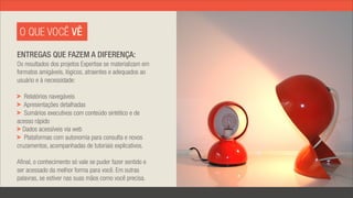 O QUE VOCÊ VÊ
ENTREGAS QUE FAZEM A DIFERENÇA:
Os resultados dos projetos Expertise se materializam em
formatos amigáveis, lógicos, atraentes e adequados ao
usuário e à necessidade:

   Relatórios navegáveis
   Apresentações detalhadas
   Sumários executivos com conteúdo sintético e de
acesso rápido
  Dados acessíveis via web
   Plataformas com autonomia para consulta e novos
cruzamentos, acompanhadas de tutoriais explicativos.

Afinal, o conhecimento só vale se puder fazer sentido e
ser acessado da melhor forma para você. Em outras
palavras, se estiver nas suas mãos como você precisa.
 