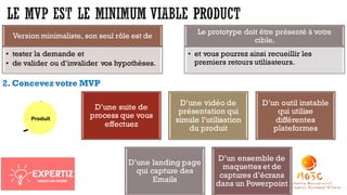 2. Concevez votre MVP
D’une suite de
process que vous
effectuez
D’une vidéo de
présentation qui
simule l’utilisation
du produit
D’un outil instable
qui utilise
différentes
plateformes
D’une landing page
qui capture des
Emails
D’un ensemble de
maquettes et de
captures d’écrans
dans un Powerpoint
Version minimaliste, son seul rôle est de
• tester la demande et
• de valider ou d’invalider vos hypothèses.
Le prototype doit être présenté à votre
cible,
• et vous pourrez ainsi recueillir les
premiers retours utilisateurs.
 