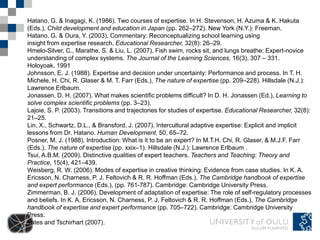 Hatano, G. & Inagagi, K. (1986). Two courses of expertise. In H. Stevenson, H. Azuma & K. Hakuta
(Eds.), Child development and education in Japan (pp. 262–272). New York (N.Y.): Freeman.
Hatano, G. & Oura, Y. (2003). Commentary: Reconceptualizing school learning using
insight from expertise research. Educational Researcher, 32(8): 26–29.
Hmelo-Silver, C., Marathe, S. & Liu, L. (2007). Fish swim, rocks sit, and lungs breathe: Expert-novice
understanding of complex systems. The Journal of the Learning Sciences, 16(3), 307 – 331.
Holoyoak, 1991
Johnsson, E. J. (1988). Expertise and decision under uncertainty: Performance and process. In T. H.
Michele, H. Chi, R. Glaser & M. T. Farr (Eds.), The nature of expertise (pp. 209–228). Hillsdale (N.J.):
Lawrence Erlbaum.
Jonassen, D. H. (2007). What makes scientific problems difficult? In D. H. Jonassen (Ed.), Learning to
solve complex scientific problems (pp. 3–23).
Lajoie, S. P. (2003). Transitions and trajectories for studies of expertise. Educational Researcher, 32(8):
21–25.
Lin, X., Schwartz, D.L., & Bransford, J. (2007). Intercultural adaptive expertise: Explicit and implicit
lessons from Dr. Hatano. Human Development, 50, 65–72.
Posner, M. J. (1988). Introduction: What is it to be an expert? In M.T.H. Chi, R. Glaser, & M.J.F. Farr
(Eds.), The nature of expertise (pp. xxix–1). Hillsdale (N.J.): Lawrence Erlbaum .
Tsui, A.B.M. (2009). Distinctive qualities of expert teachers. Teachers and Teaching: Theory and
Practice, 15(4), 421–439.
Weisberg, R. W. (2006). Modes of expertise in creative thinking: Evidence from case studies. In K. A.
Ericsson, N. Charness, P. J. Feltovich & R. R. Hoffman (Eds.), The Cambridge handbook of expertise
and expert performance (Eds.), (pp. 761-787). Cambridge: Cambridge University Press.
Zimmerman, B. J. (2006). Development of adaptation of expertise: The role of self-regulatory processes
and beliefs. In K. A. Ericsson, N. Charness, P. J. Feltovich & R. R. Hoffman (Eds.), The Cambridge
handbook of expertise and expert performance (pp. 705–722). Cambridge: Cambridge University
Press.
Yates and Tschirhart (2007).
 