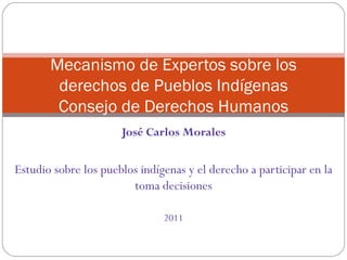 Mecanismo de Expertos sobre los
        derechos de Pueblos Indígenas
        Consejo de Derechos Humanos
                      José Carlos Morales


Estudio sobre los pueblos indígenas y el derecho a participar en la
                        toma decisiones

                               2011
 