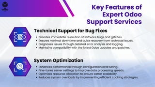 Key Features of
Expert Odoo
Support Services
Technical Support for Bug Fixes
System Optimization
Provides immediate resolution of software bugs and glitches.
Ensures minimal downtime and quick recovery from technical issues.
Diagnoses issues through detailed error analysis and logging.
Maintains compatibility with the latest Odoo updates and patches.
Enhances performance through configuration and tuning.
Fine-tunes server settings to improve data processing speeds.
Optimizes resource allocation to ensure better scalability.
Reduces system overloads by implementing efficient caching strategies.
 