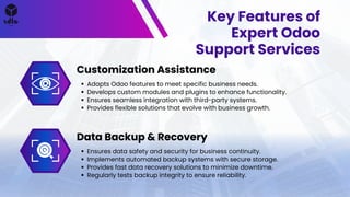 Key Features of
Expert Odoo
Support Services
Customization Assistance
Data Backup & Recovery
Adapts Odoo features to meet specific business needs.
Develops custom modules and plugins to enhance functionality.
Ensures seamless integration with third-party systems.
Provides flexible solutions that evolve with business growth.
Ensures data safety and security for business continuity.
Implements automated backup systems with secure storage.
Provides fast data recovery solutions to minimize downtime.
Regularly tests backup integrity to ensure reliability.
 